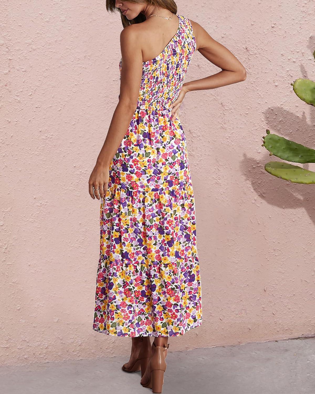 imageBTFBM 2026 Summer One Shoulder Dresses for Women Casual Spring Sleeveless Floral Flowy Smocked Boho Beach Maxi DressFloral White Purple