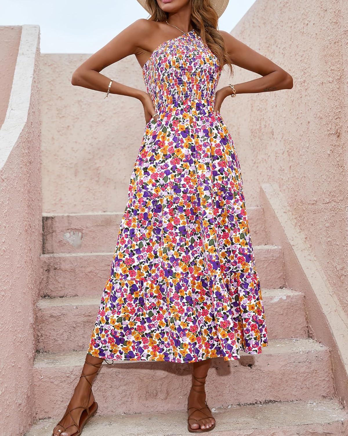 imageBTFBM 2026 Summer One Shoulder Dresses for Women Casual Spring Sleeveless Floral Flowy Smocked Boho Beach Maxi DressFloral White Purple