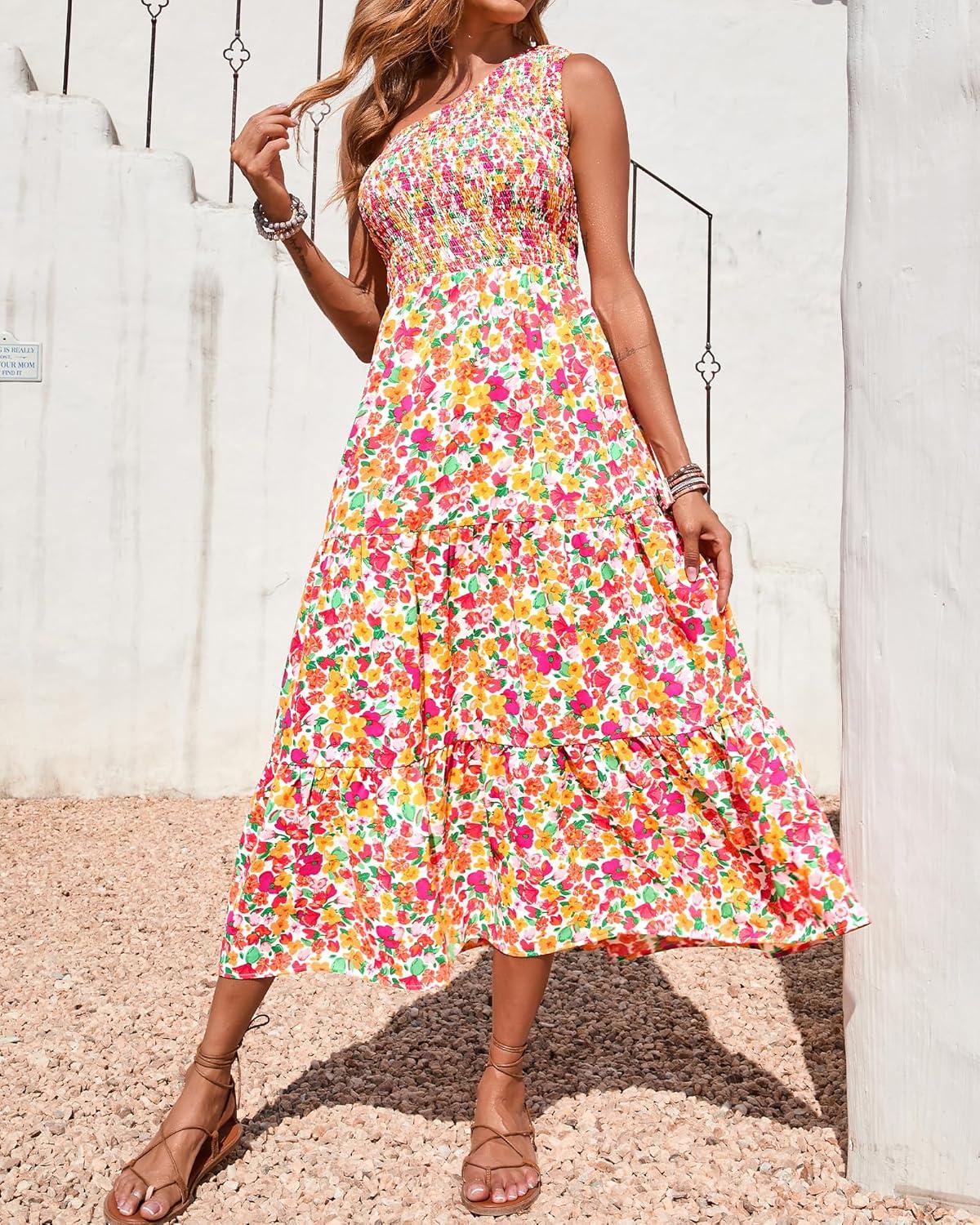 imageBTFBM 2026 Summer One Shoulder Dresses for Women Casual Spring Sleeveless Floral Flowy Smocked Boho Beach Maxi DressFloral White Red