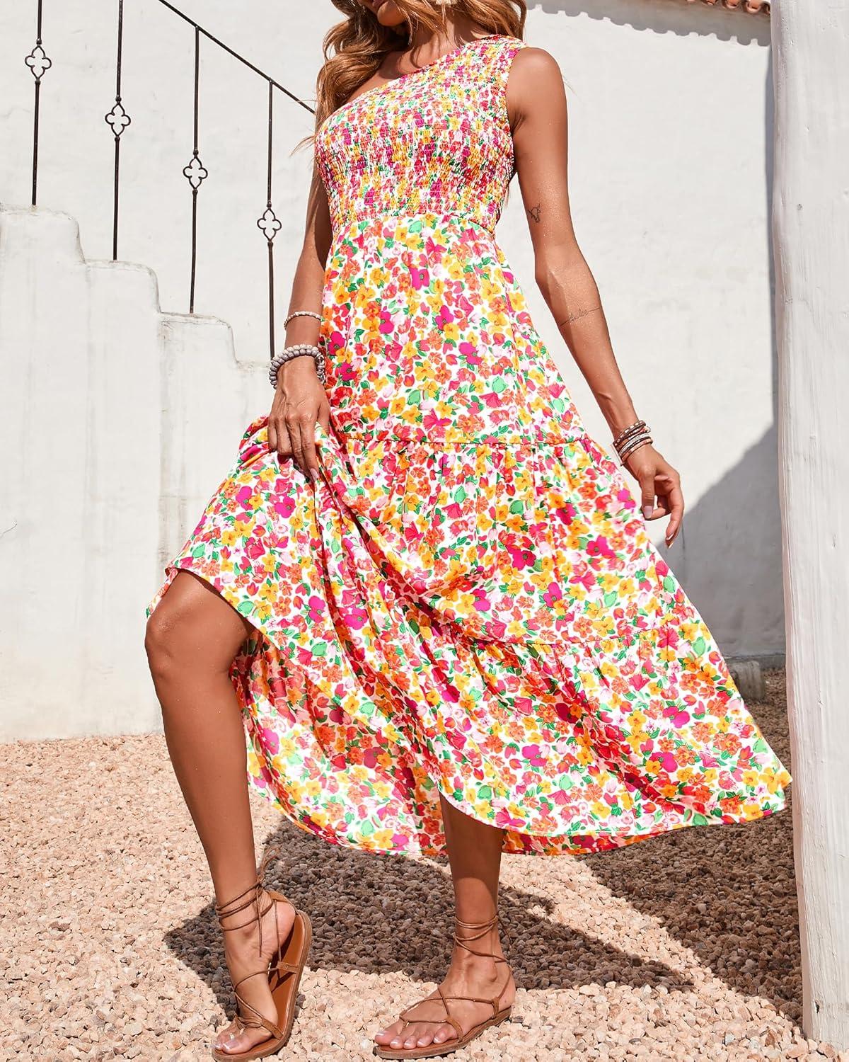 imageBTFBM 2026 Summer One Shoulder Dresses for Women Casual Spring Sleeveless Floral Flowy Smocked Boho Beach Maxi DressFloral White Red