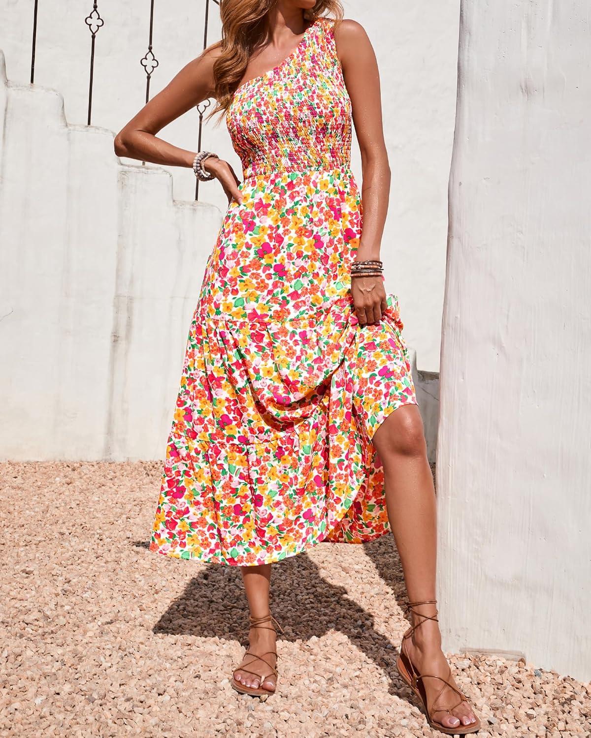 imageBTFBM 2026 Summer One Shoulder Dresses for Women Casual Spring Sleeveless Floral Flowy Smocked Boho Beach Maxi DressFloral White Red