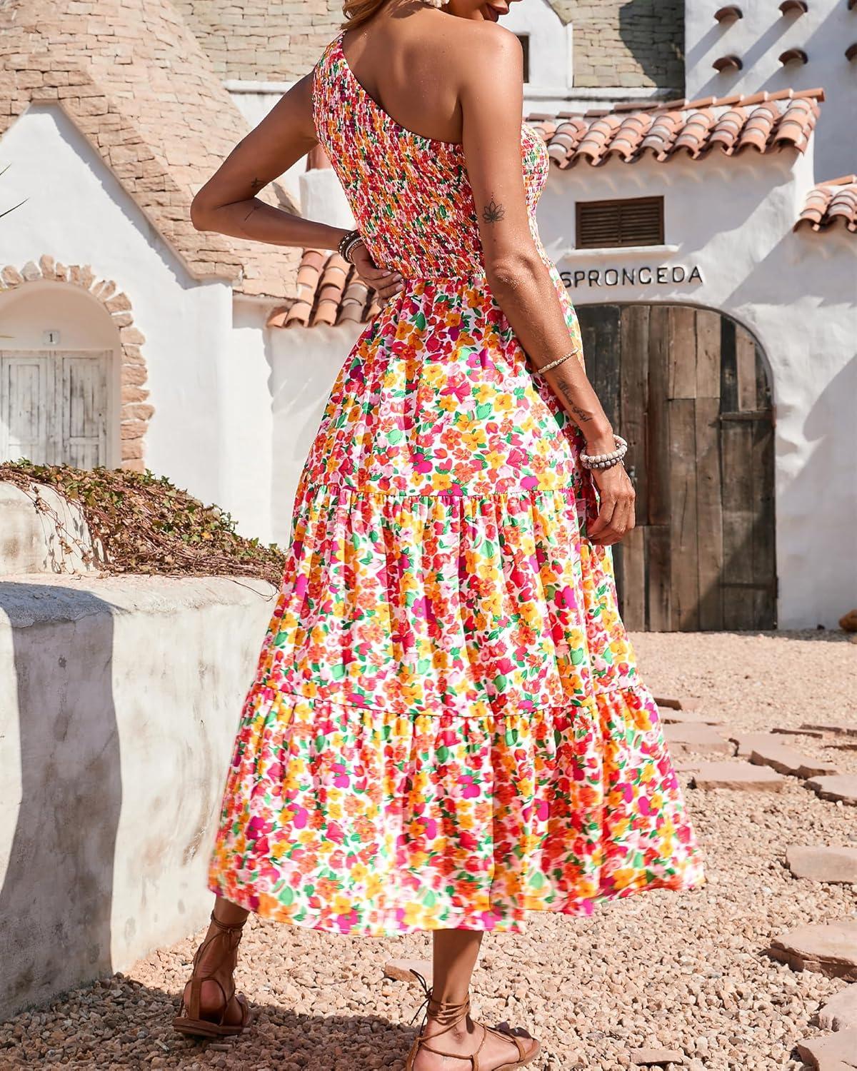 imageBTFBM 2026 Summer One Shoulder Dresses for Women Casual Spring Sleeveless Floral Flowy Smocked Boho Beach Maxi DressFloral White Red