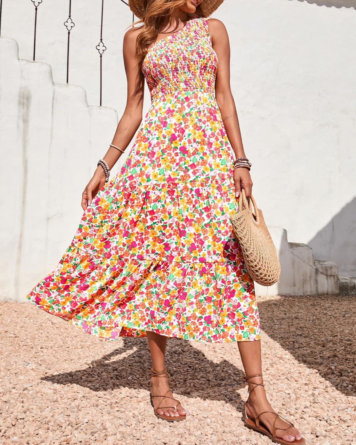 imageBTFBM 2026 Summer One Shoulder Dresses for Women Casual Spring Sleeveless Floral Flowy Smocked Boho Beach Maxi DressFloral White Red