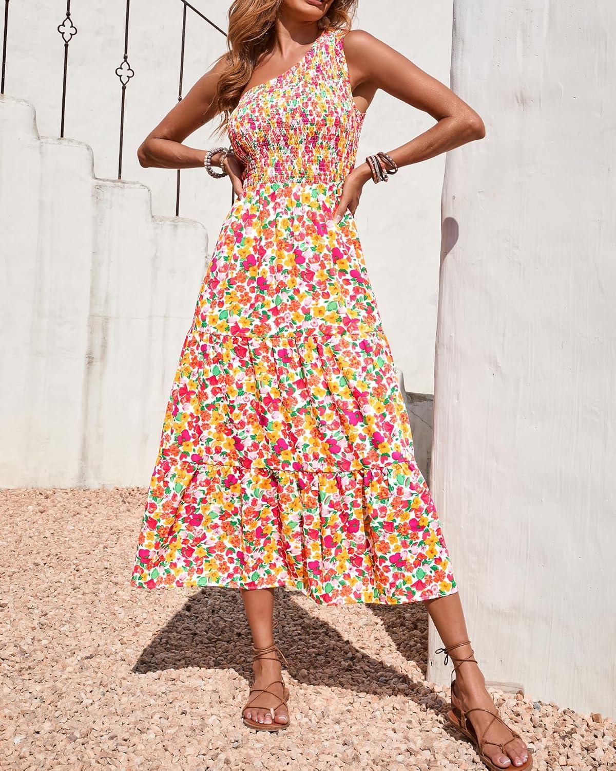 imageBTFBM 2026 Summer One Shoulder Dresses for Women Casual Spring Sleeveless Floral Flowy Smocked Boho Beach Maxi DressFloral White Red