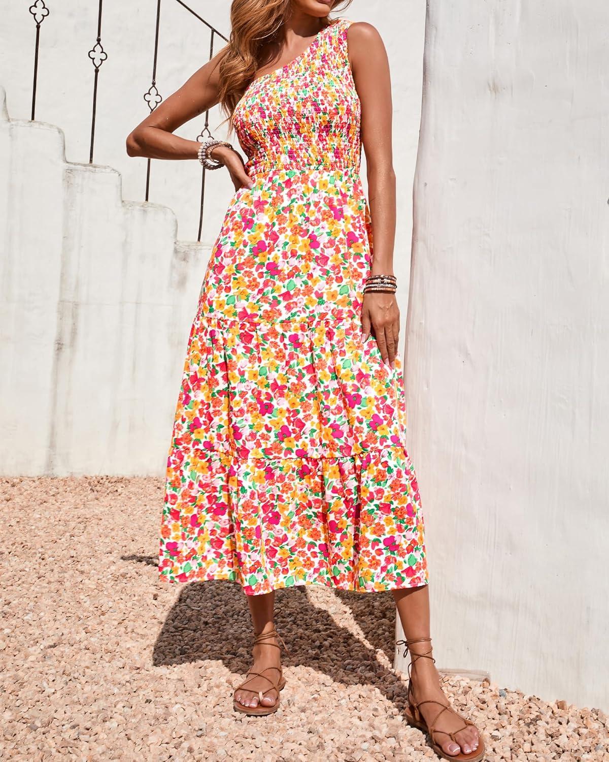 imageBTFBM 2026 Summer One Shoulder Dresses for Women Casual Spring Sleeveless Floral Flowy Smocked Boho Beach Maxi DressFloral White Red