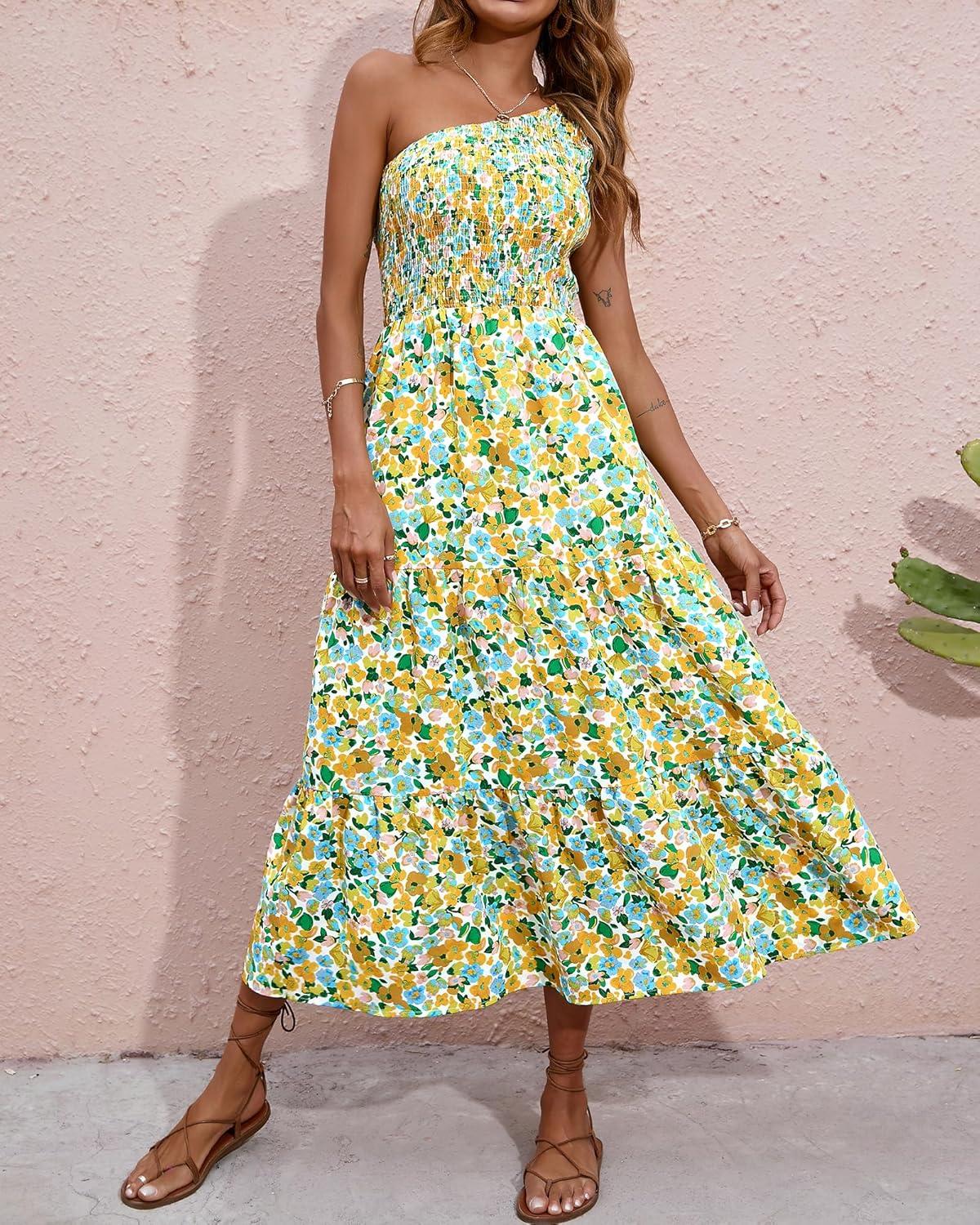 imageBTFBM 2026 Summer One Shoulder Dresses for Women Casual Spring Sleeveless Floral Flowy Smocked Boho Beach Maxi DressFloral White Yellow
