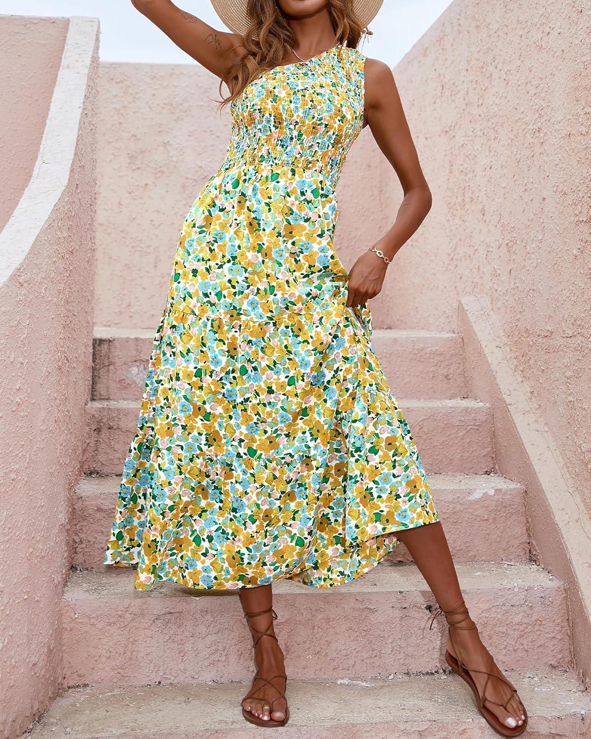 imageBTFBM 2026 Summer One Shoulder Dresses for Women Casual Spring Sleeveless Floral Flowy Smocked Boho Beach Maxi DressFloral White Yellow