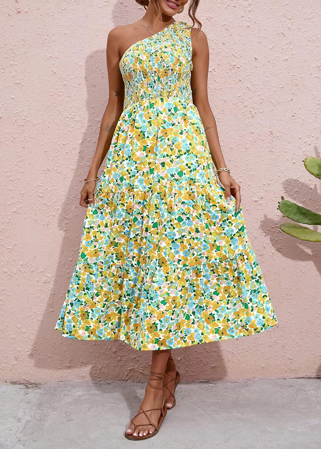 imageBTFBM 2026 Summer One Shoulder Dresses for Women Casual Spring Sleeveless Floral Flowy Smocked Boho Beach Maxi DressFloral White Yellow