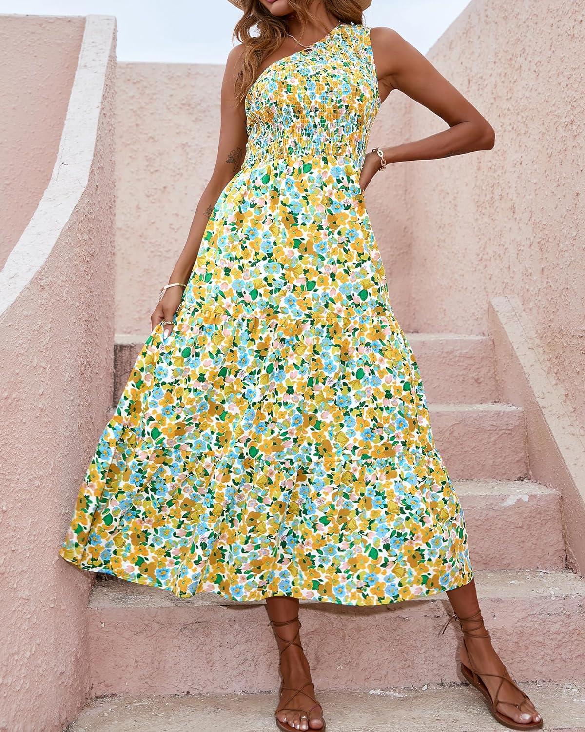 imageBTFBM 2026 Summer One Shoulder Dresses for Women Casual Spring Sleeveless Floral Flowy Smocked Boho Beach Maxi DressFloral White Yellow