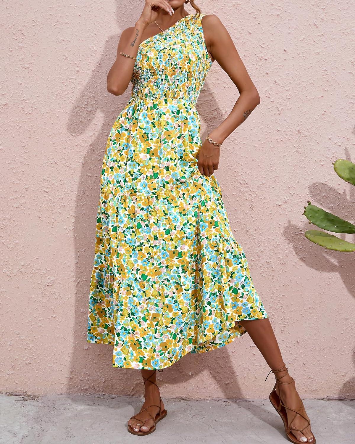 imageBTFBM 2026 Summer One Shoulder Dresses for Women Casual Spring Sleeveless Floral Flowy Smocked Boho Beach Maxi DressFloral White Yellow
