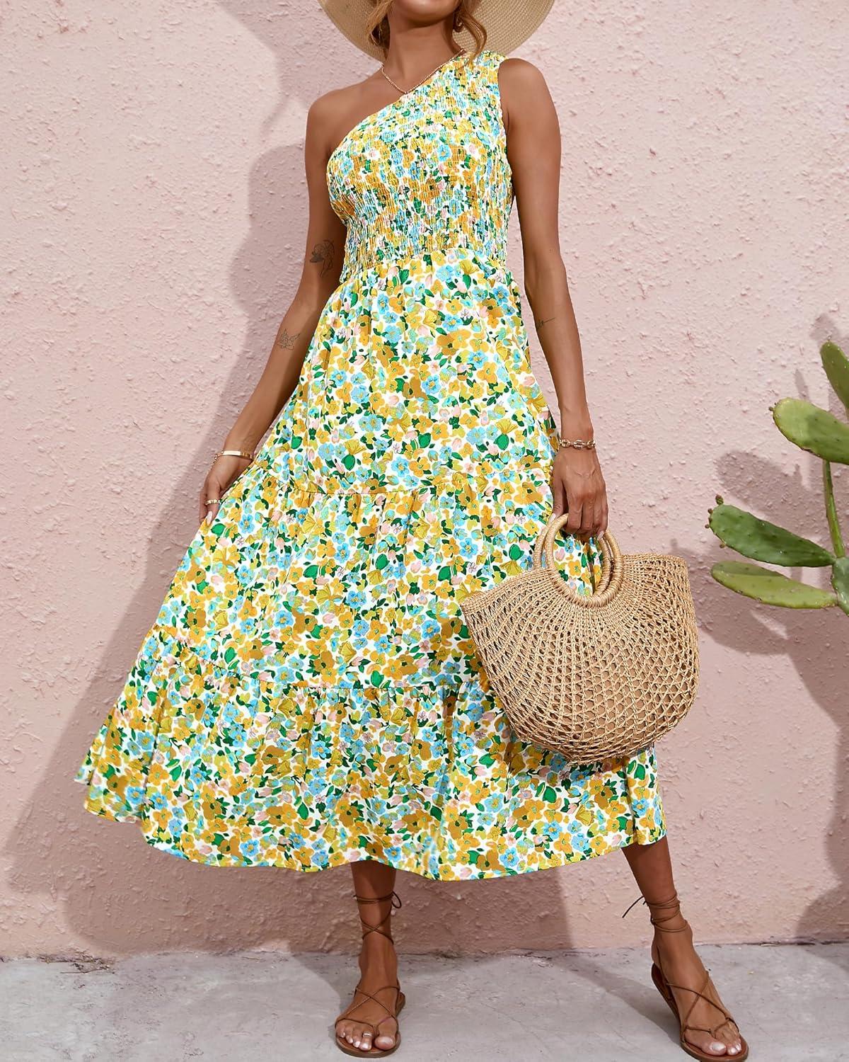 imageBTFBM 2026 Summer One Shoulder Dresses for Women Casual Spring Sleeveless Floral Flowy Smocked Boho Beach Maxi DressFloral White Yellow