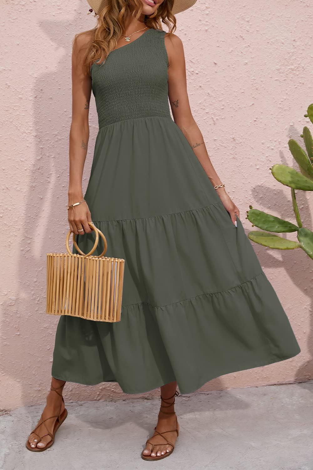 imageBTFBM 2026 Summer One Shoulder Dresses for Women Casual Spring Sleeveless Floral Flowy Smocked Boho Beach Maxi DressSolid Army Green