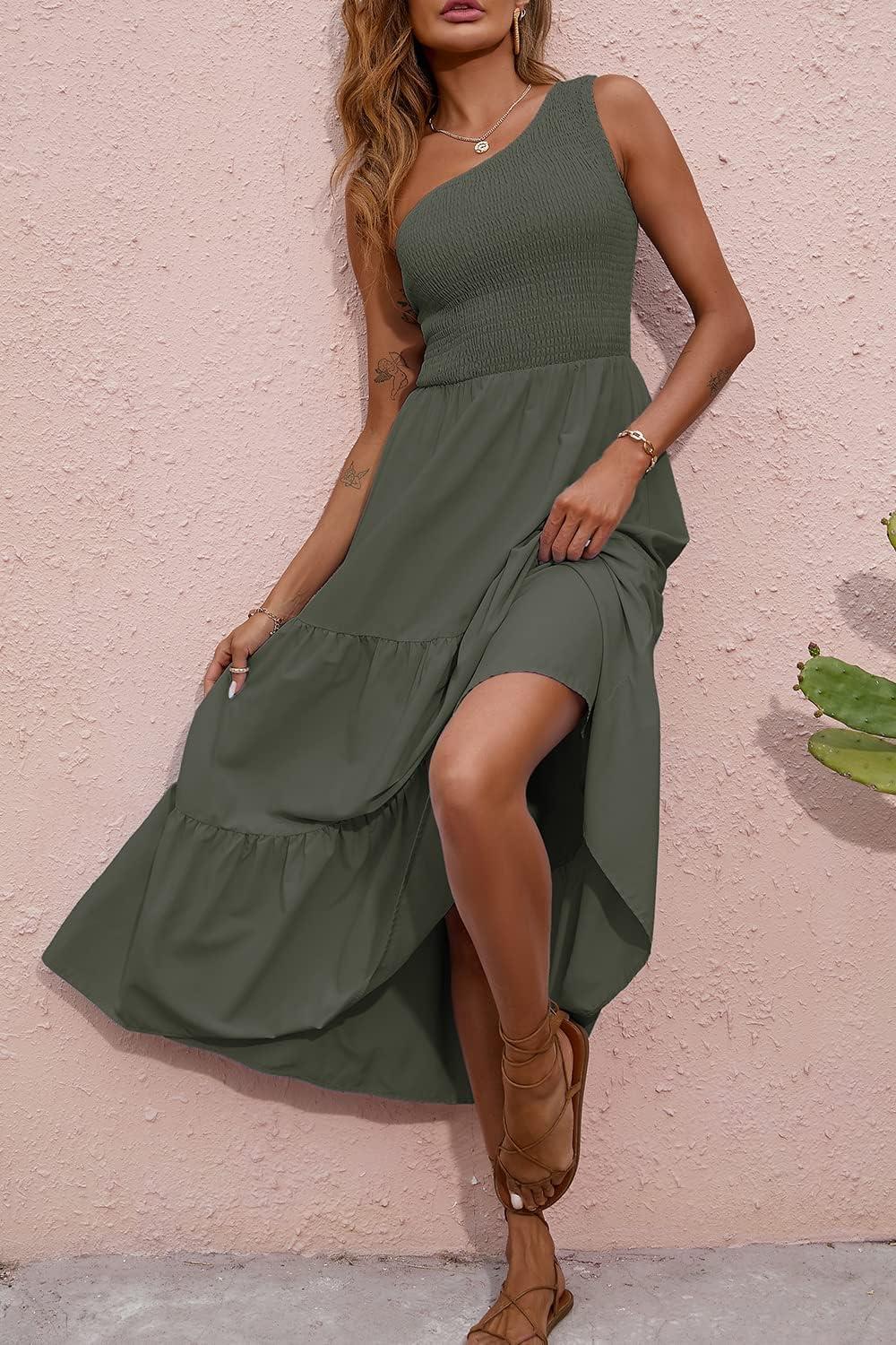 imageBTFBM 2026 Summer One Shoulder Dresses for Women Casual Spring Sleeveless Floral Flowy Smocked Boho Beach Maxi DressSolid Army Green