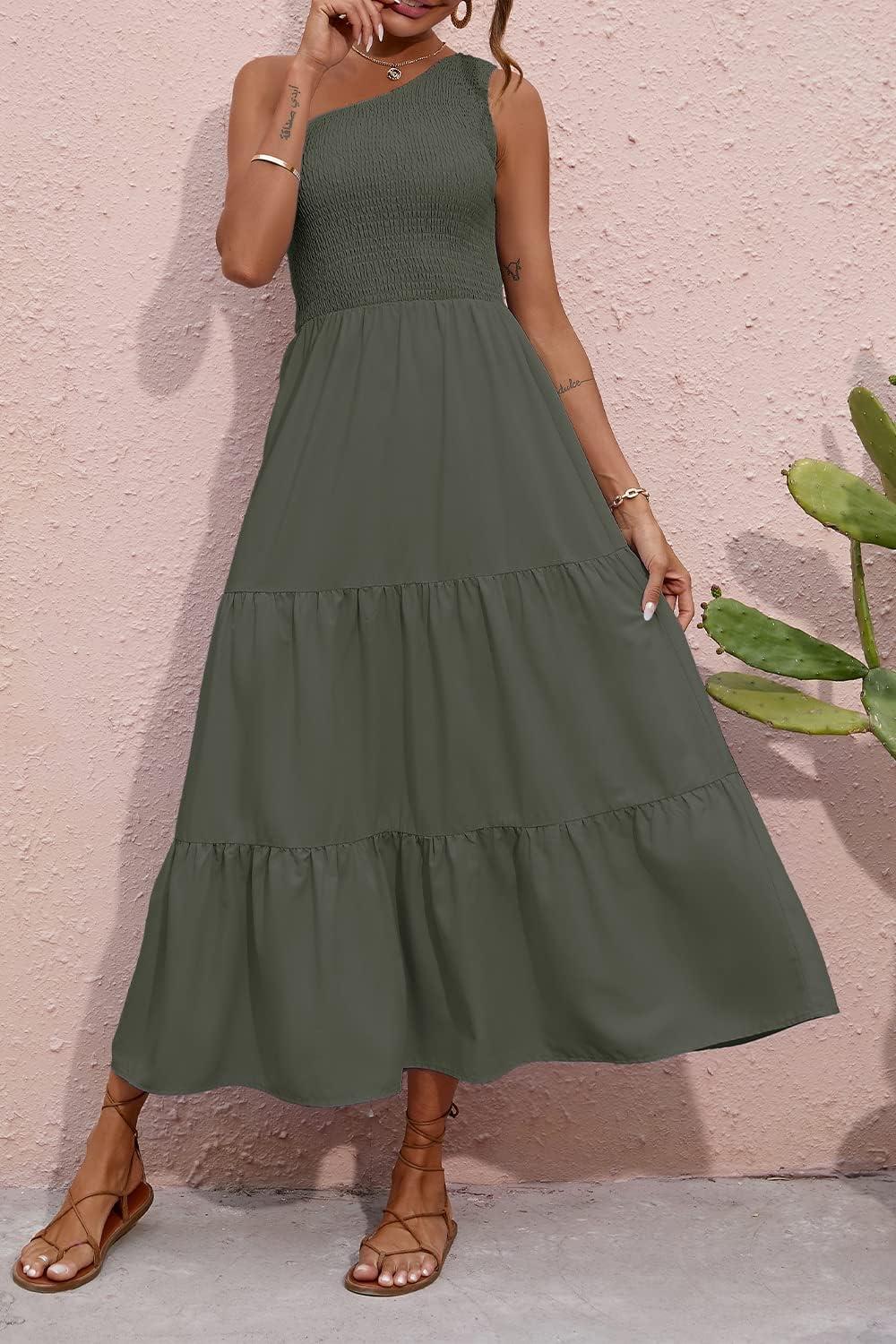 imageBTFBM 2026 Summer One Shoulder Dresses for Women Casual Spring Sleeveless Floral Flowy Smocked Boho Beach Maxi DressSolid Army Green