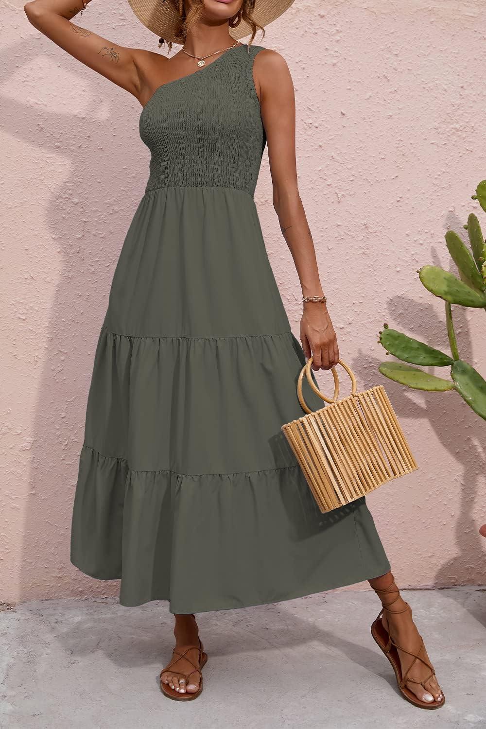 imageBTFBM 2026 Summer One Shoulder Dresses for Women Casual Spring Sleeveless Floral Flowy Smocked Boho Beach Maxi DressSolid Army Green