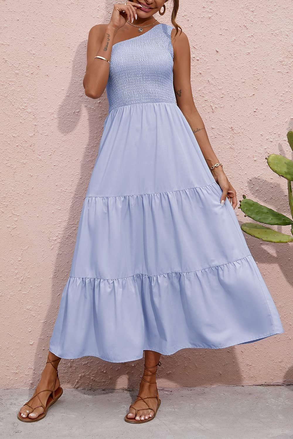 imageBTFBM 2026 Summer One Shoulder Dresses for Women Casual Spring Sleeveless Floral Flowy Smocked Boho Beach Maxi DressSolid Light Blue