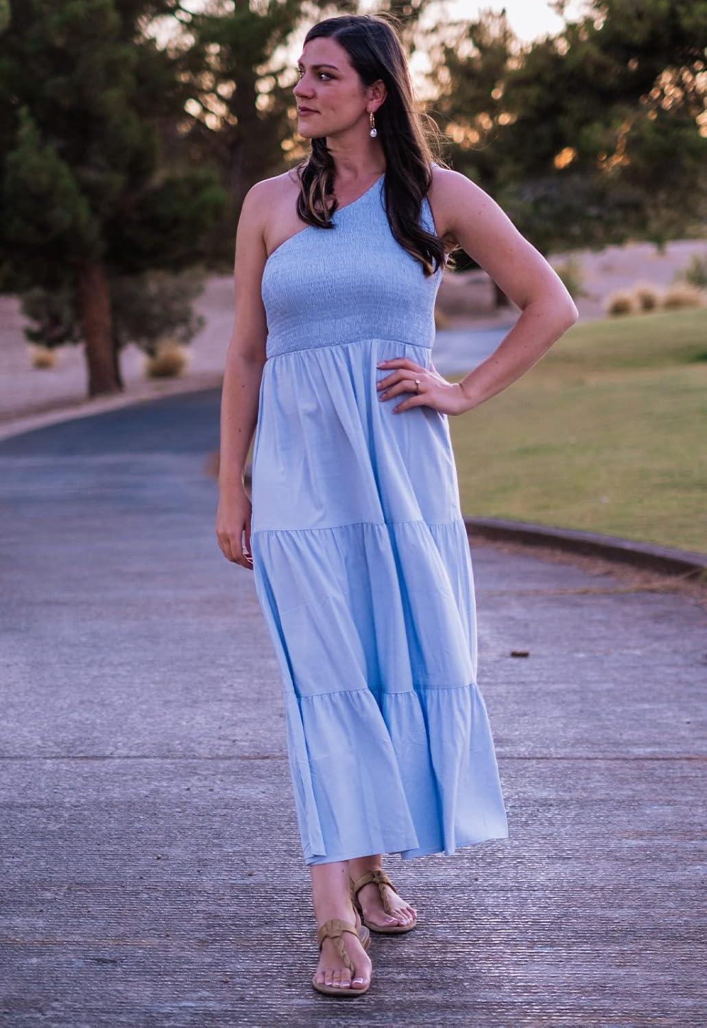 imageBTFBM 2026 Summer One Shoulder Dresses for Women Casual Spring Sleeveless Floral Flowy Smocked Boho Beach Maxi DressSolid Light Blue