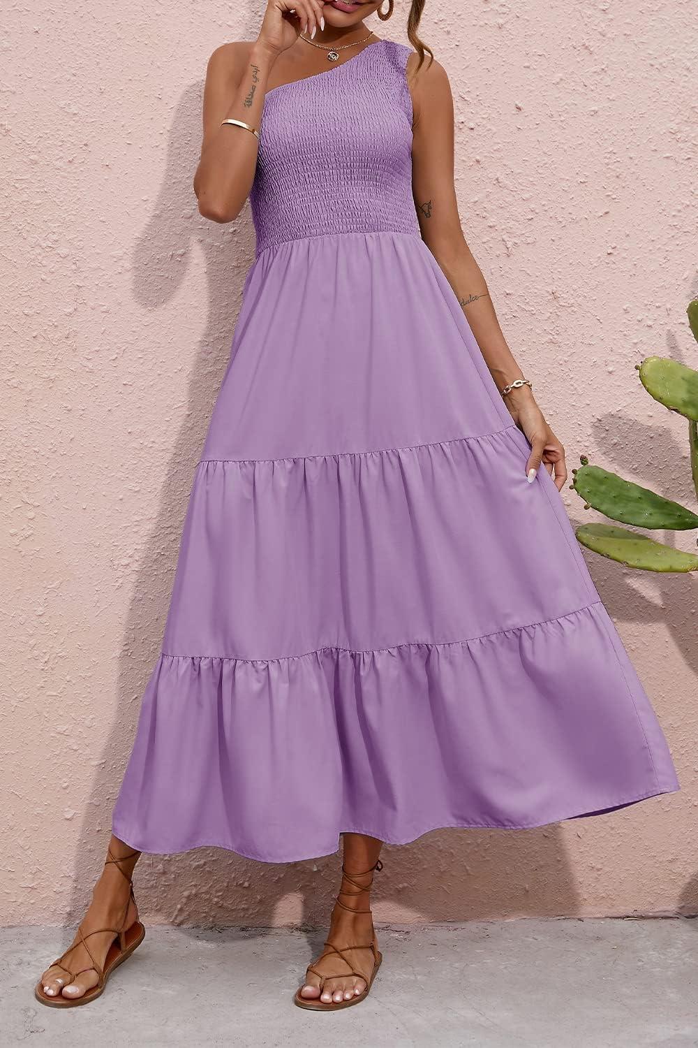 imageBTFBM 2026 Summer One Shoulder Dresses for Women Casual Spring Sleeveless Floral Flowy Smocked Boho Beach Maxi DressSolid Purple