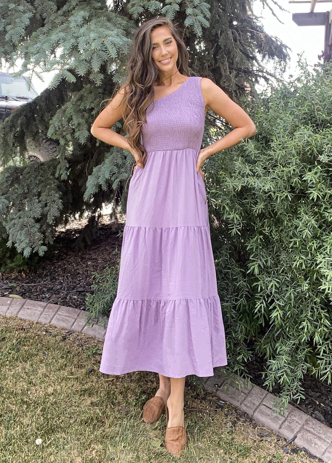 imageBTFBM 2026 Summer One Shoulder Dresses for Women Casual Spring Sleeveless Floral Flowy Smocked Boho Beach Maxi DressSolid Purple