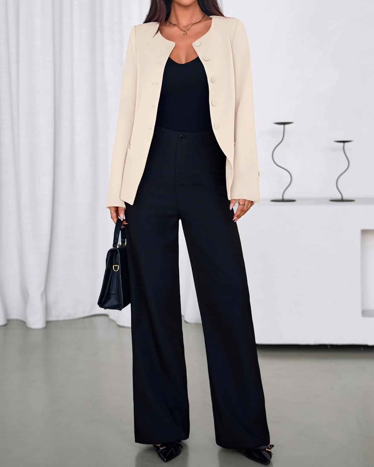 imageBTFBM Blazers for Women Business Casual Open Front Long Sleeve Button Work Office Suit Jackets Dressy Blazer PocketsBeige