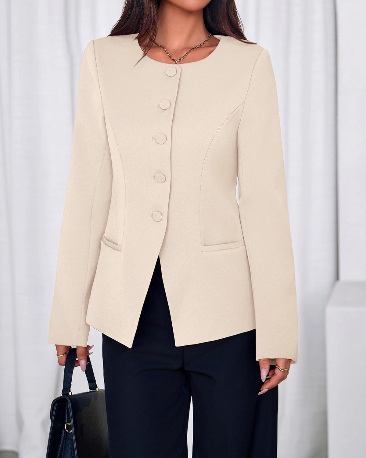 imageBTFBM Blazers for Women Business Casual Open Front Long Sleeve Button Work Office Suit Jackets Dressy Blazer PocketsBeige