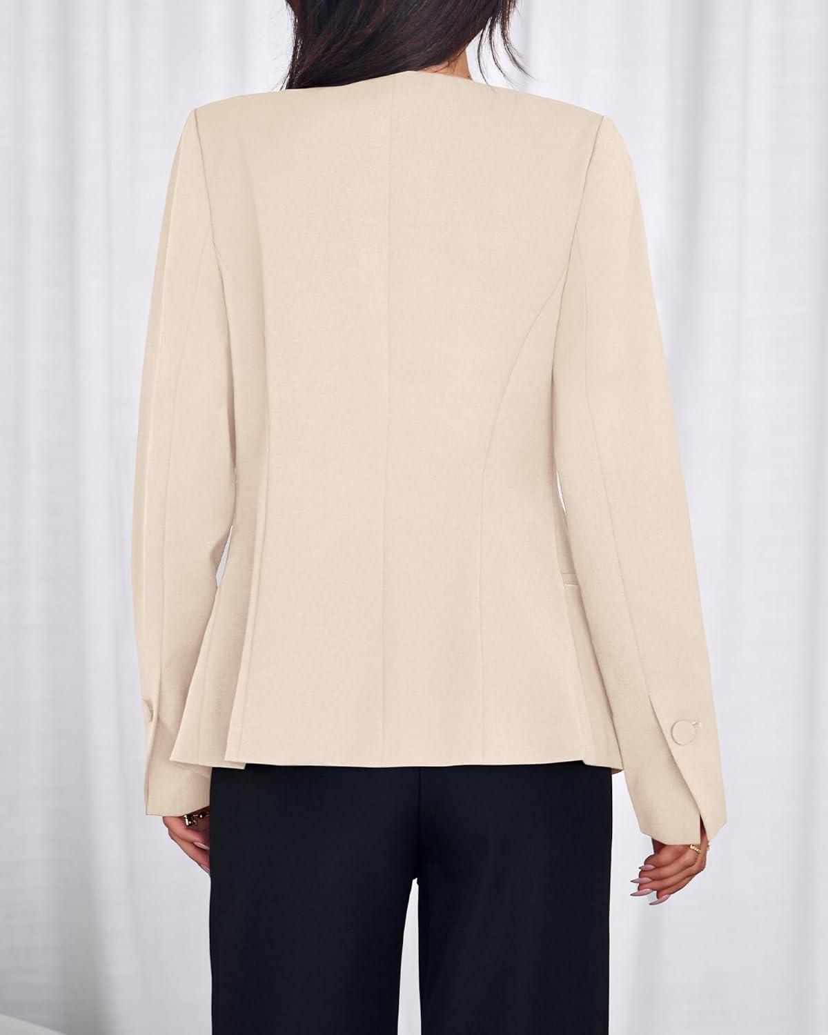 imageBTFBM Blazers for Women Business Casual Open Front Long Sleeve Button Work Office Suit Jackets Dressy Blazer PocketsBeige