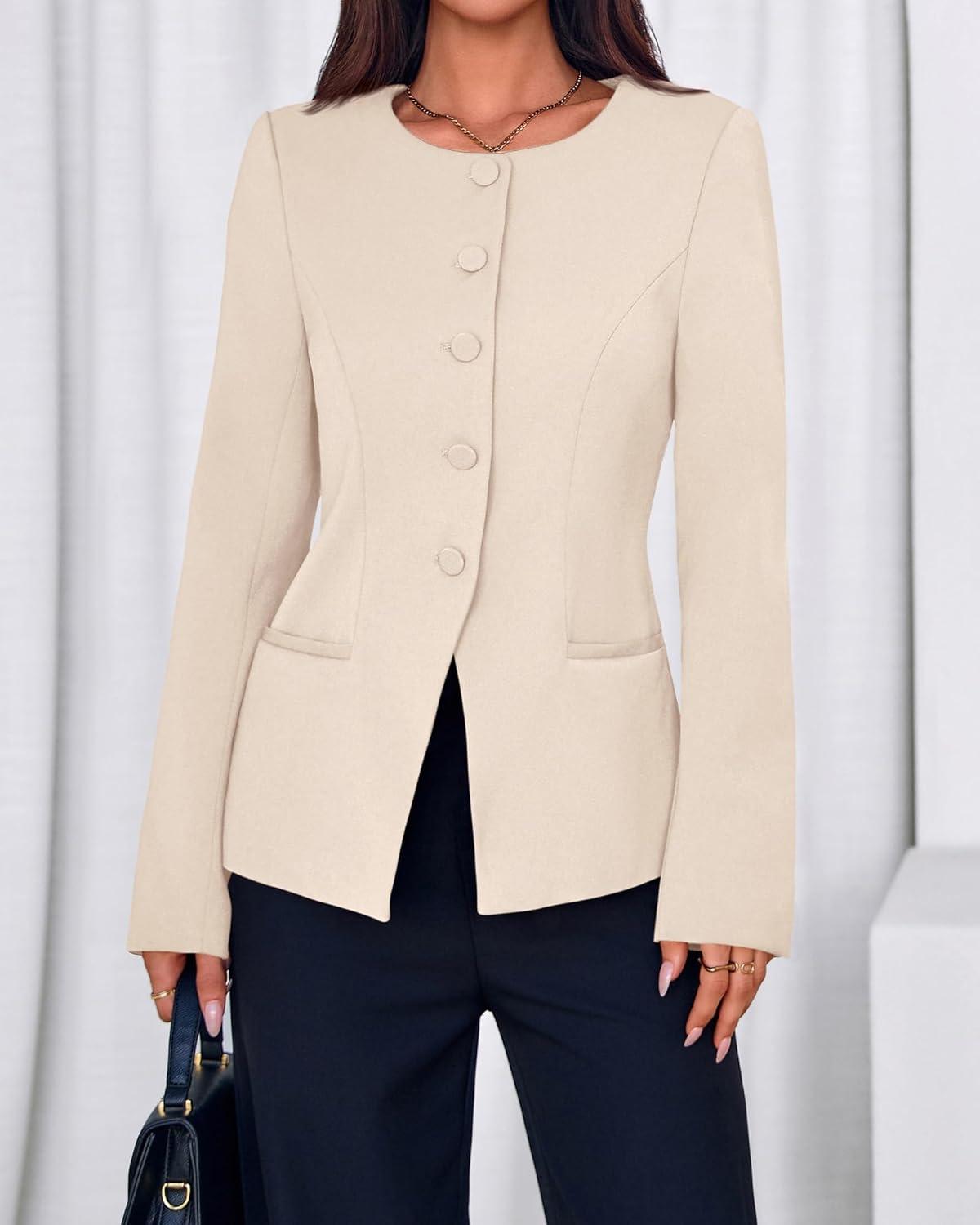 imageBTFBM Blazers for Women Business Casual Open Front Long Sleeve Button Work Office Suit Jackets Dressy Blazer PocketsBeige