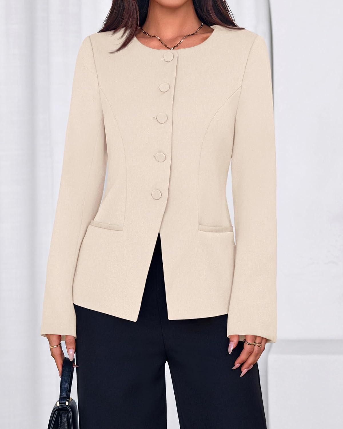 imageBTFBM Blazers for Women Business Casual Open Front Long Sleeve Button Work Office Suit Jackets Dressy Blazer PocketsBeige