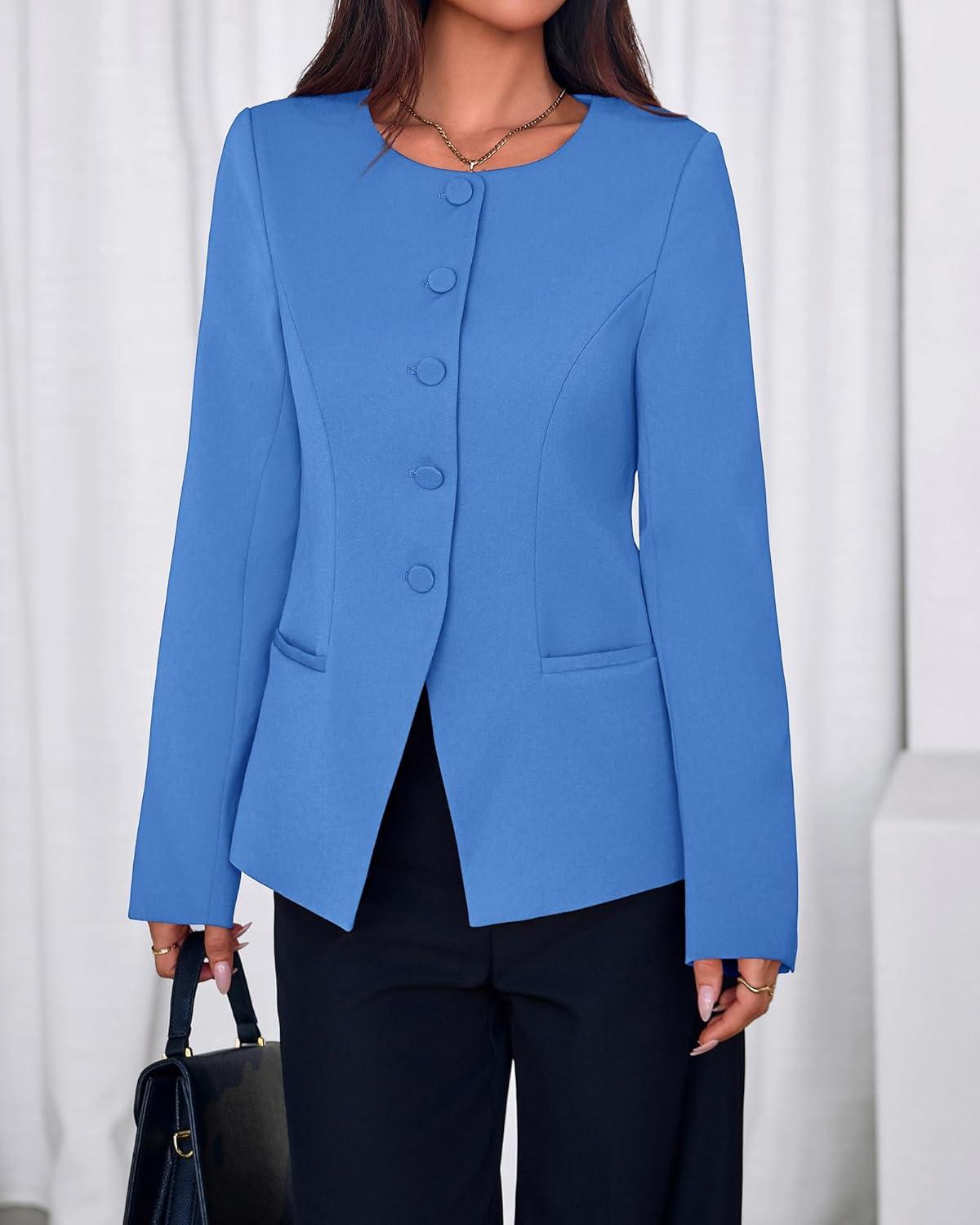 imageBTFBM Blazers for Women Business Casual Open Front Long Sleeve Button Work Office Suit Jackets Dressy Blazer PocketsBlue