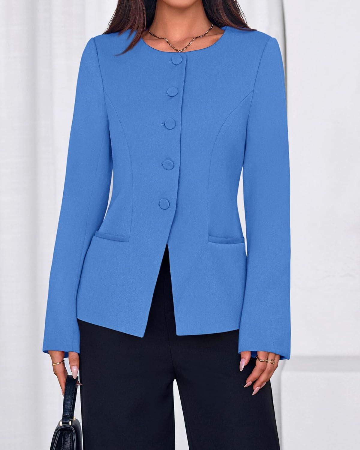 imageBTFBM Blazers for Women Business Casual Open Front Long Sleeve Button Work Office Suit Jackets Dressy Blazer PocketsBlue