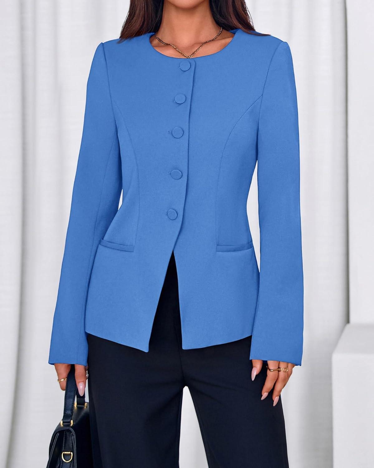 imageBTFBM Blazers for Women Business Casual Open Front Long Sleeve Button Work Office Suit Jackets Dressy Blazer PocketsBlue
