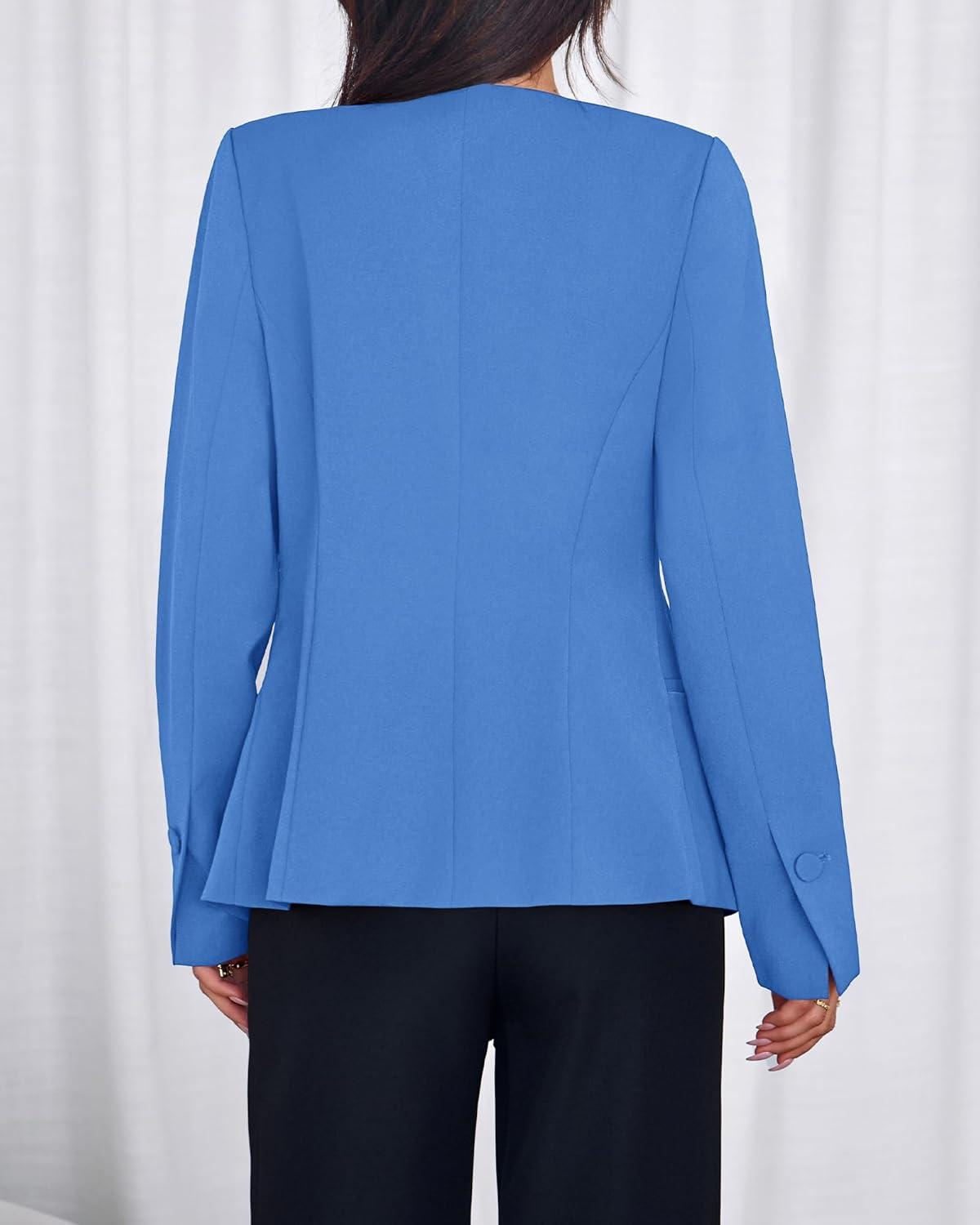 imageBTFBM Blazers for Women Business Casual Open Front Long Sleeve Button Work Office Suit Jackets Dressy Blazer PocketsBlue