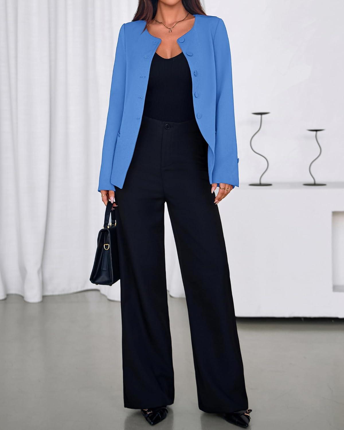 imageBTFBM Blazers for Women Business Casual Open Front Long Sleeve Button Work Office Suit Jackets Dressy Blazer PocketsBlue