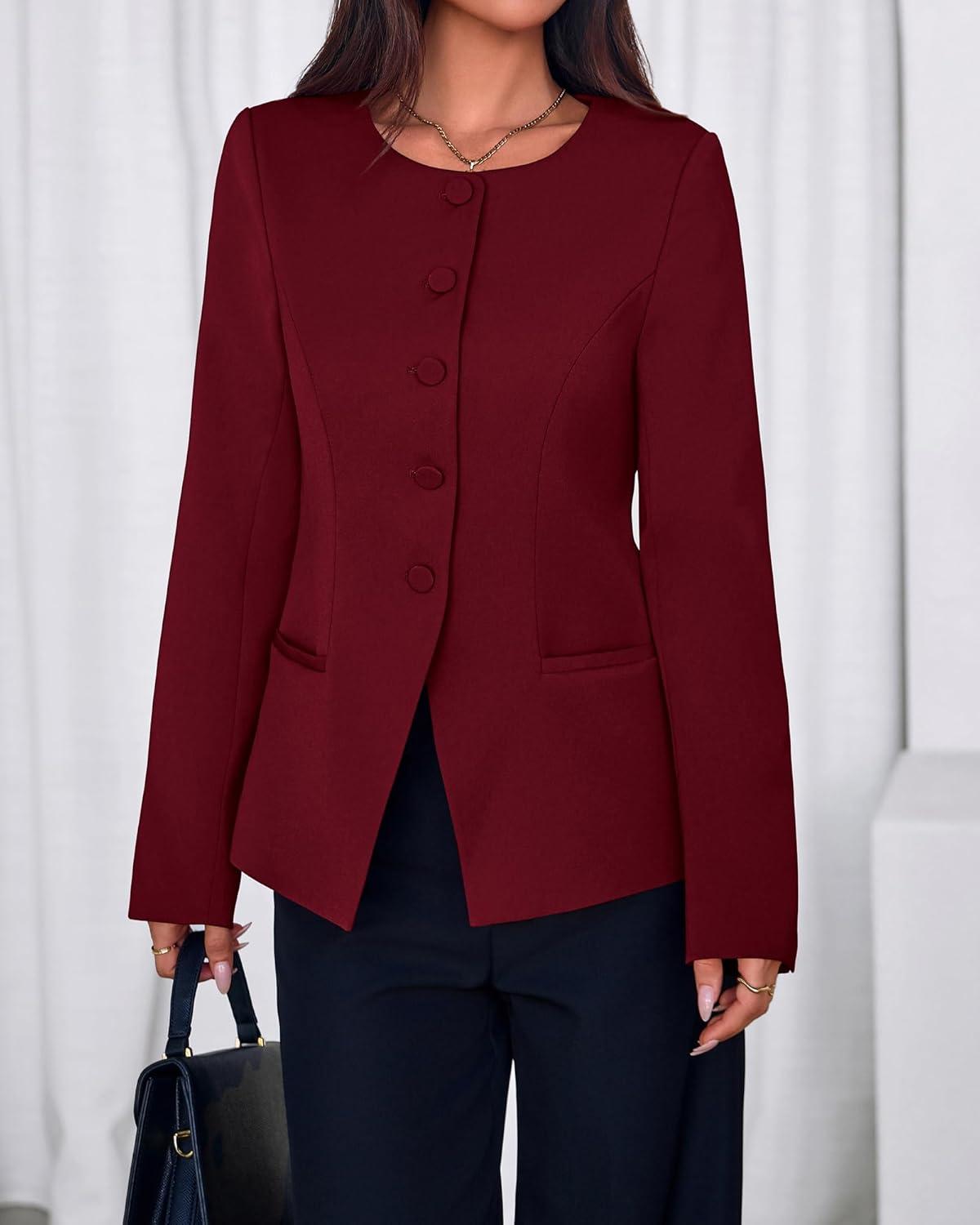 imageBTFBM Blazers for Women Business Casual Open Front Long Sleeve Button Work Office Suit Jackets Dressy Blazer PocketsBurgundy