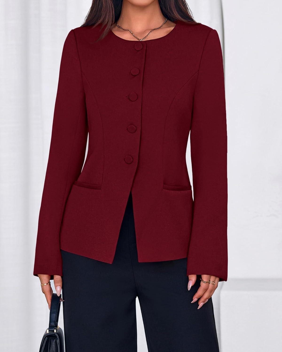 imageBTFBM Blazers for Women Business Casual Open Front Long Sleeve Button Work Office Suit Jackets Dressy Blazer PocketsBurgundy