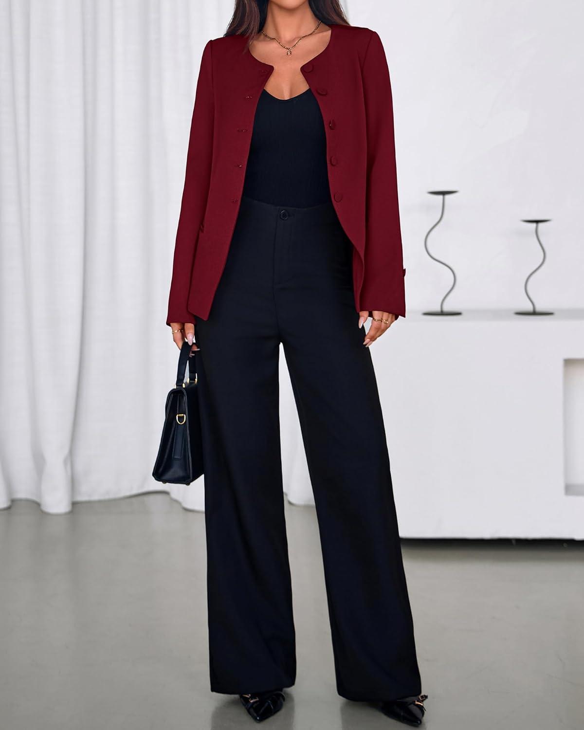 imageBTFBM Blazers for Women Business Casual Open Front Long Sleeve Button Work Office Suit Jackets Dressy Blazer PocketsBurgundy