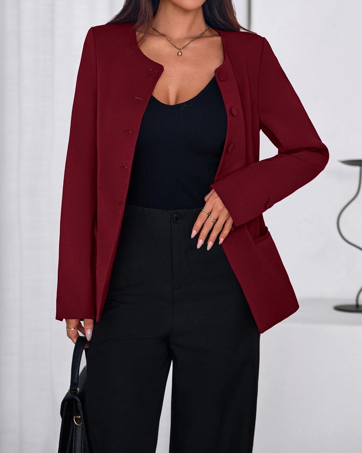 imageBTFBM Blazers for Women Business Casual Open Front Long Sleeve Button Work Office Suit Jackets Dressy Blazer PocketsBurgundy