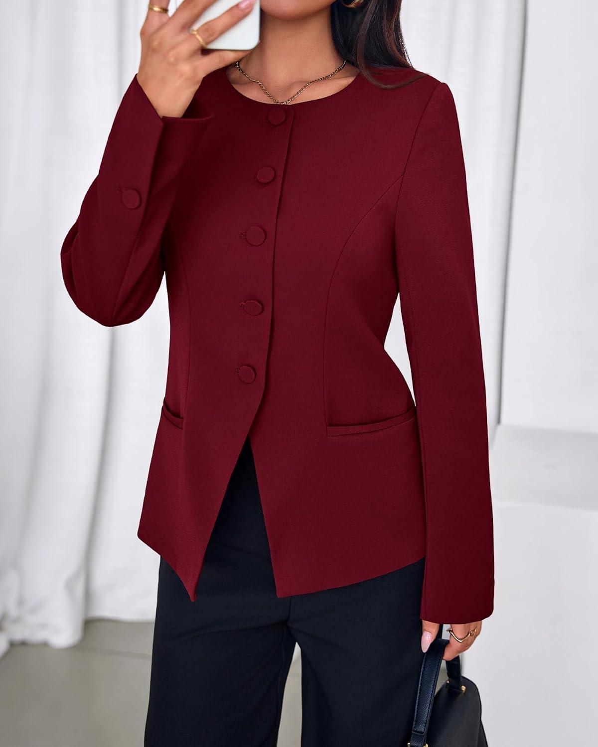 imageBTFBM Blazers for Women Business Casual Open Front Long Sleeve Button Work Office Suit Jackets Dressy Blazer PocketsBurgundy