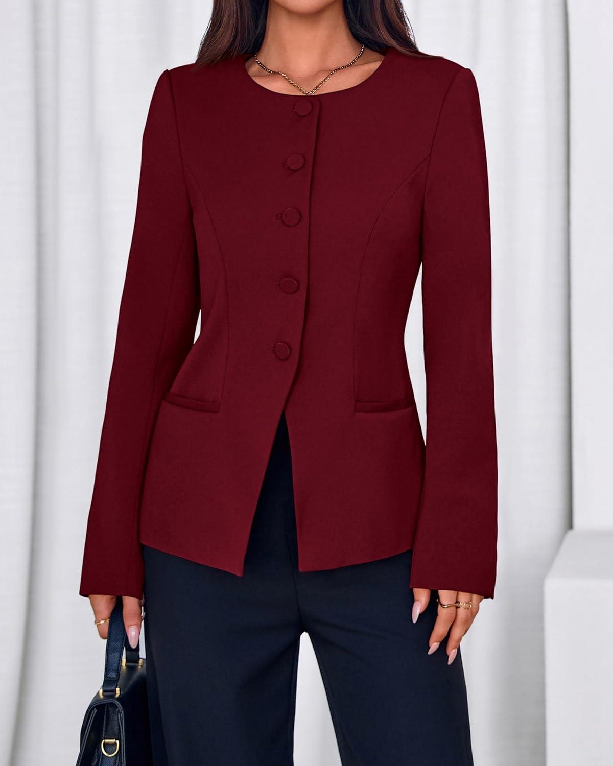 imageBTFBM Blazers for Women Business Casual Open Front Long Sleeve Button Work Office Suit Jackets Dressy Blazer PocketsBurgundy