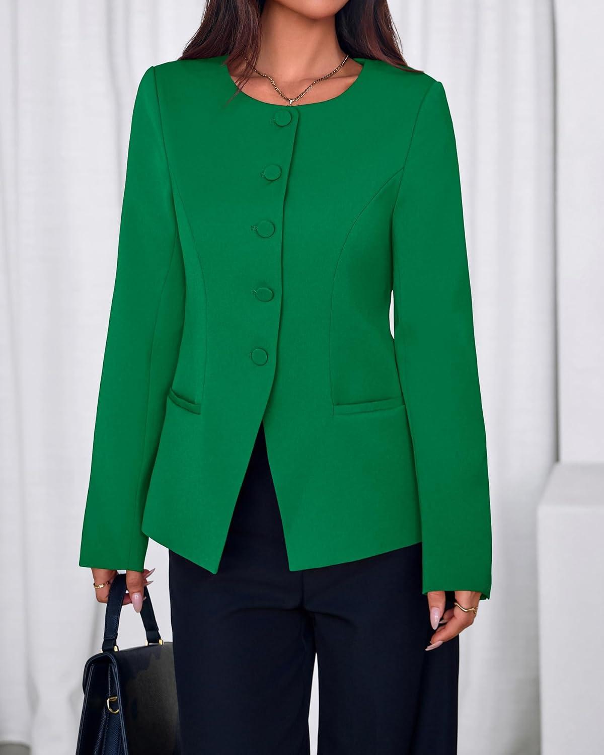 imageBTFBM Blazers for Women Business Casual Open Front Long Sleeve Button Work Office Suit Jackets Dressy Blazer PocketsGreen