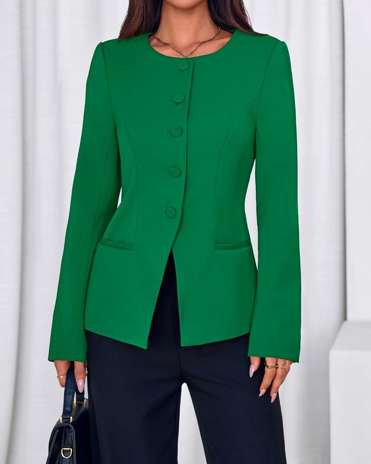 imageBTFBM Blazers for Women Business Casual Open Front Long Sleeve Button Work Office Suit Jackets Dressy Blazer PocketsGreen