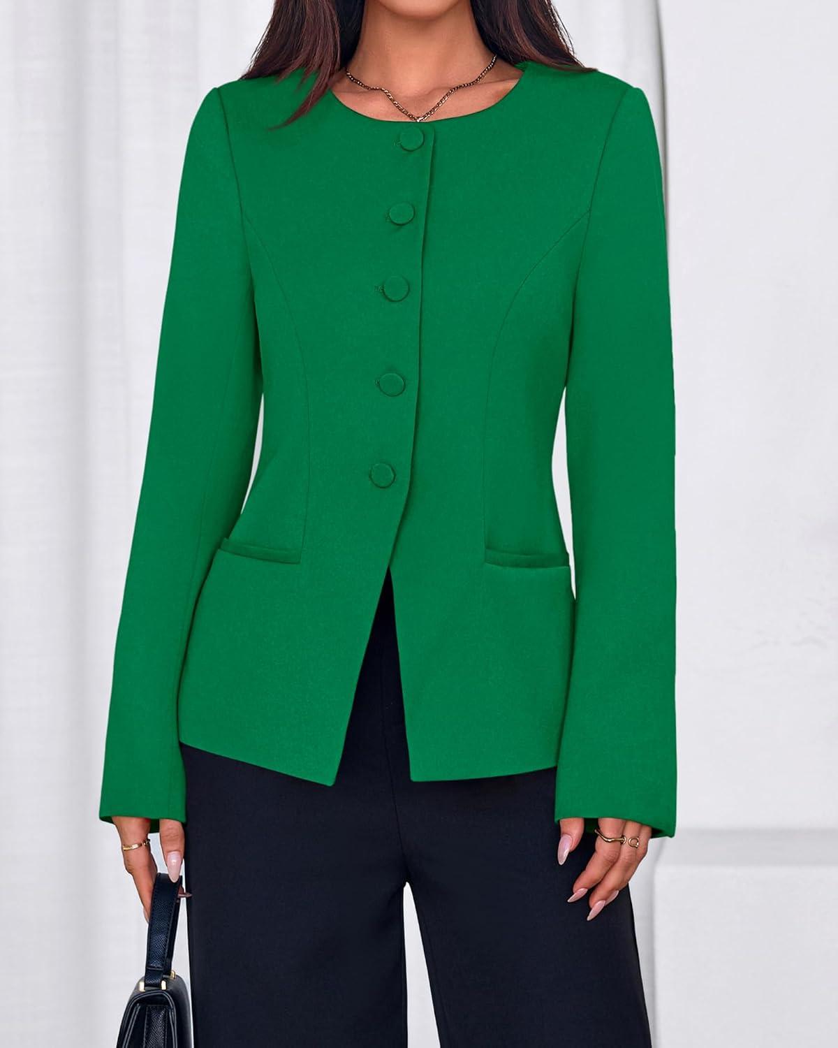 imageBTFBM Blazers for Women Business Casual Open Front Long Sleeve Button Work Office Suit Jackets Dressy Blazer PocketsGreen