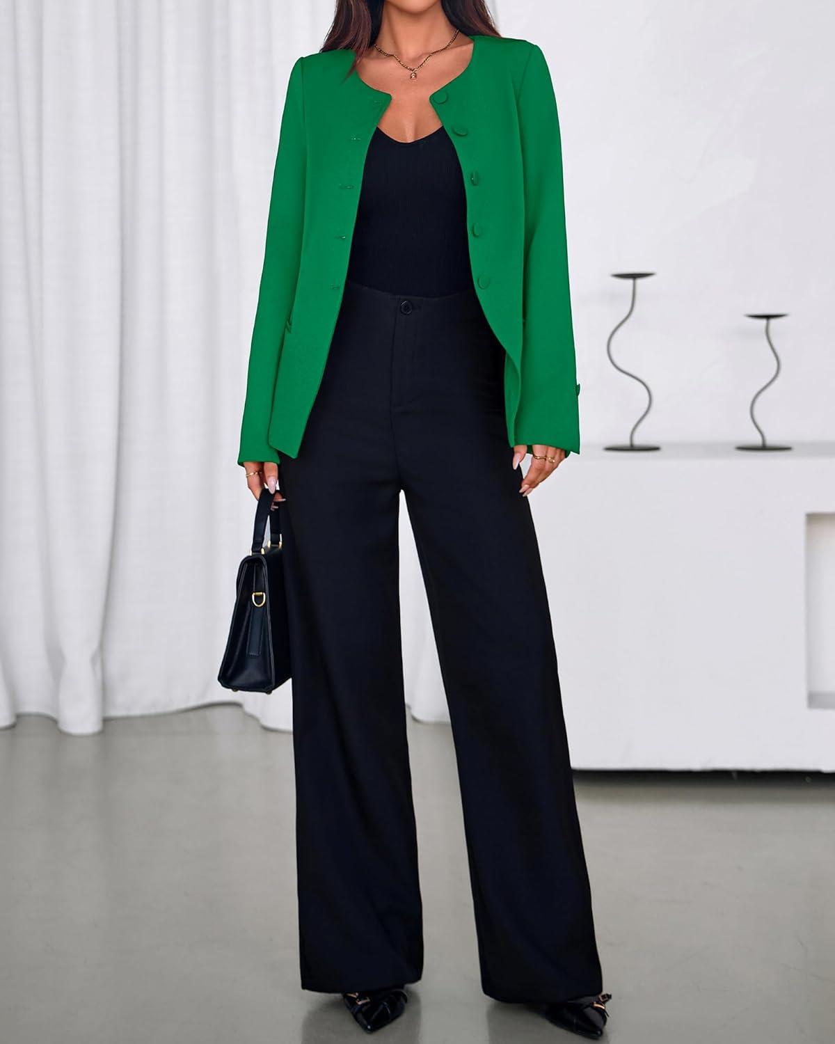 imageBTFBM Blazers for Women Business Casual Open Front Long Sleeve Button Work Office Suit Jackets Dressy Blazer PocketsGreen