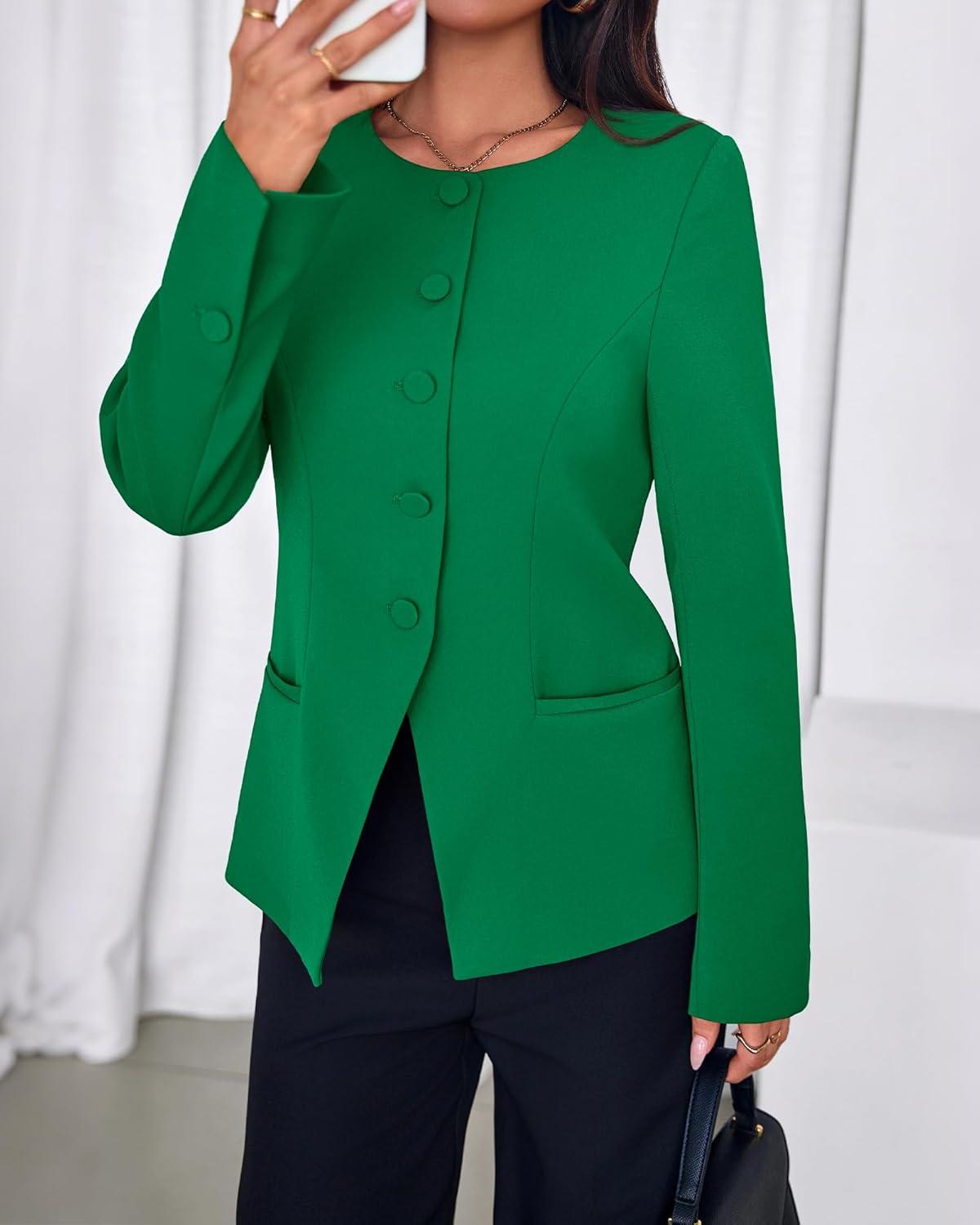imageBTFBM Blazers for Women Business Casual Open Front Long Sleeve Button Work Office Suit Jackets Dressy Blazer PocketsGreen