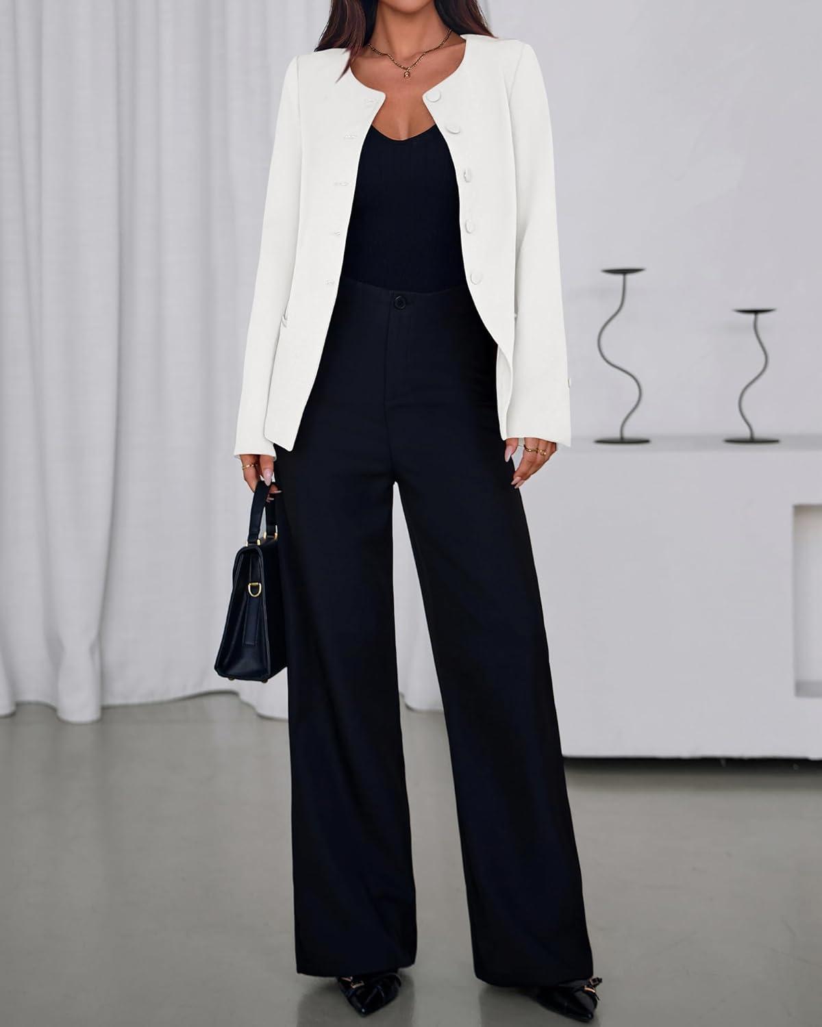 imageBTFBM Blazers for Women Business Casual Open Front Long Sleeve Button Work Office Suit Jackets Dressy Blazer PocketsWhite