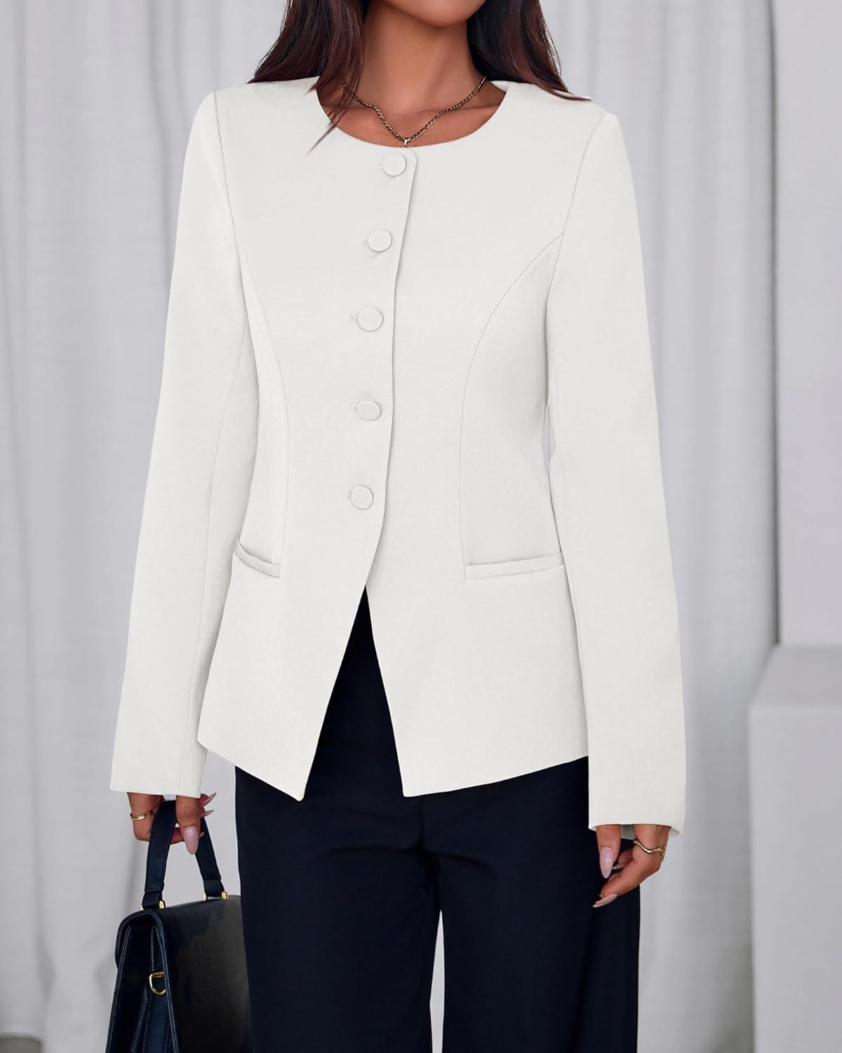 imageBTFBM Blazers for Women Business Casual Open Front Long Sleeve Button Work Office Suit Jackets Dressy Blazer PocketsWhite