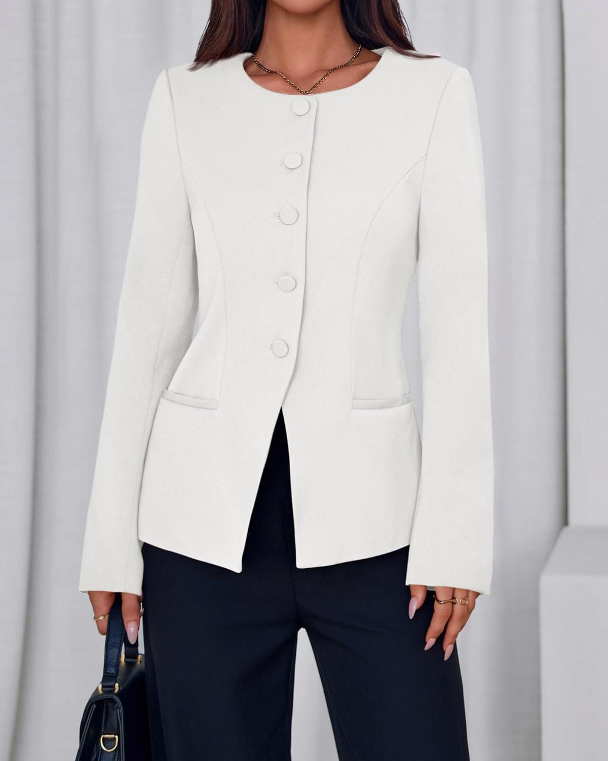 imageBTFBM Blazers for Women Business Casual Open Front Long Sleeve Button Work Office Suit Jackets Dressy Blazer PocketsWhite