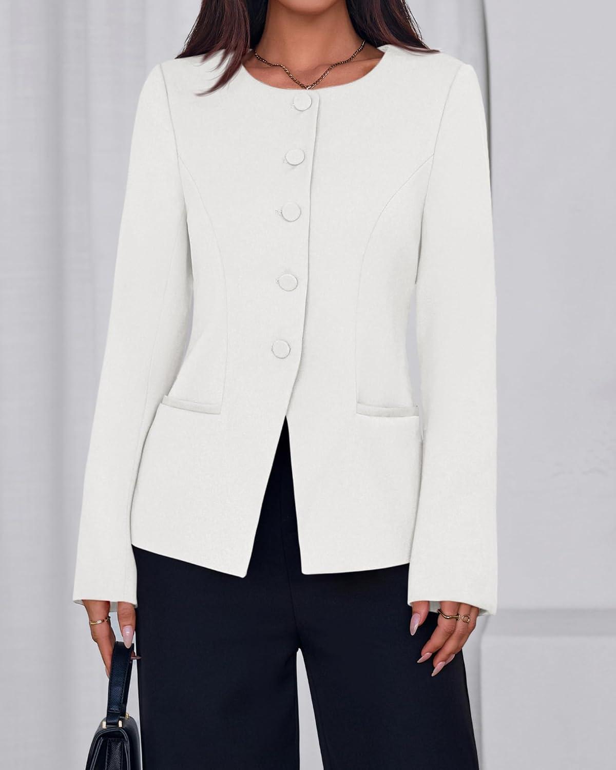 imageBTFBM Blazers for Women Business Casual Open Front Long Sleeve Button Work Office Suit Jackets Dressy Blazer PocketsWhite