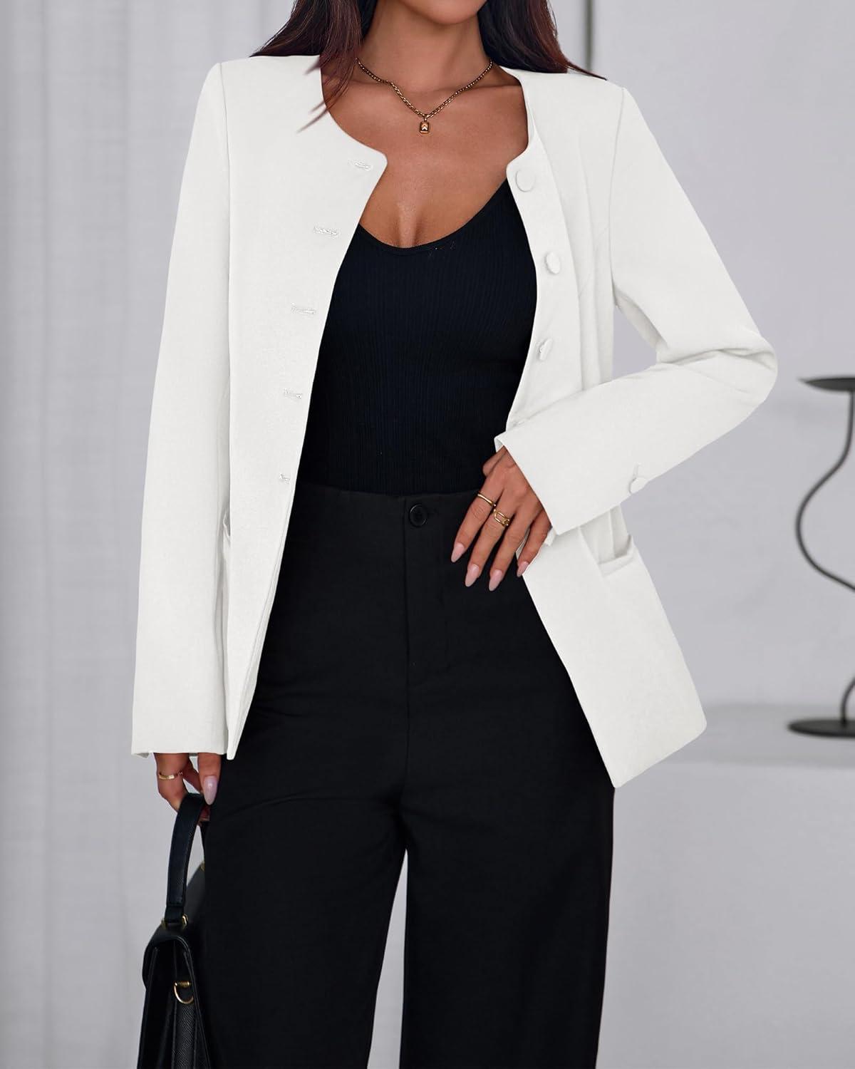 imageBTFBM Blazers for Women Business Casual Open Front Long Sleeve Button Work Office Suit Jackets Dressy Blazer PocketsWhite