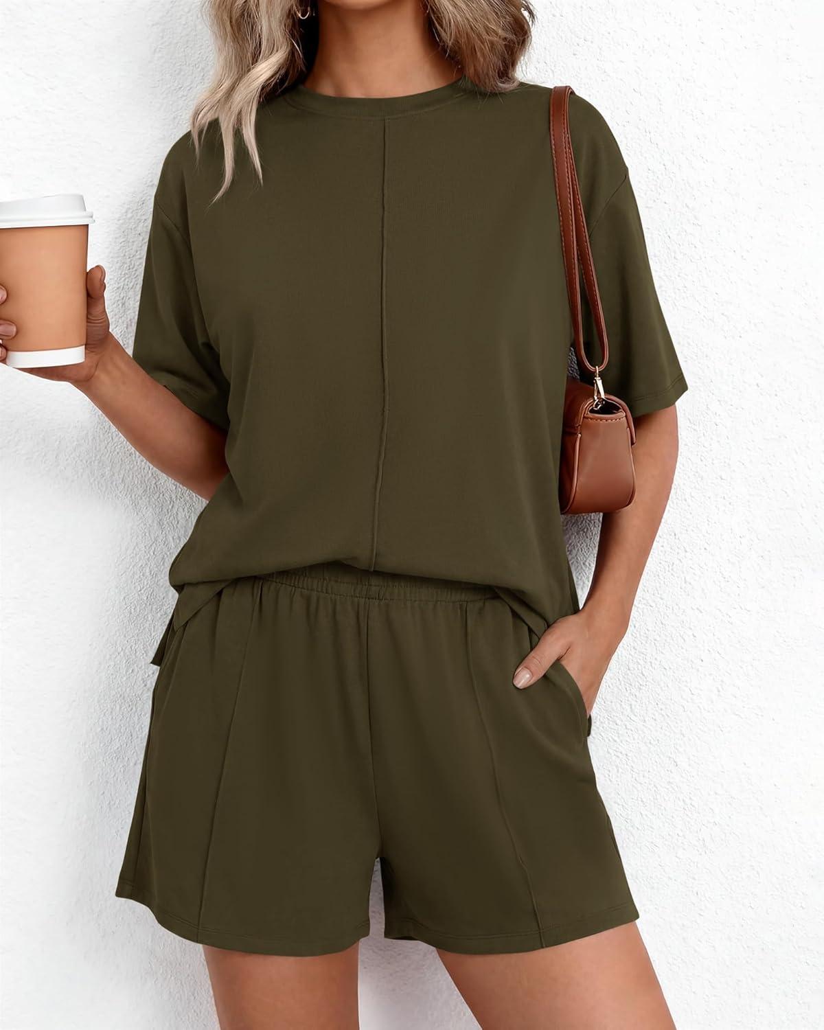 imageBTFBM Casual 2 Piece Sets For Women Summer 2026 Short Sleeve Tops Shorts Spring Lounge Matching Workout Airport OutfitsArmy Green